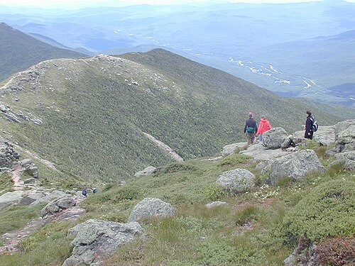 Hikers traversing the Franconia Ridge in the White Mountains of New Hampshire, much of which is in the alpine zone.