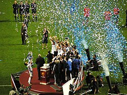 The Greece national team at the UEFA Euro 2004 trophy ceremony