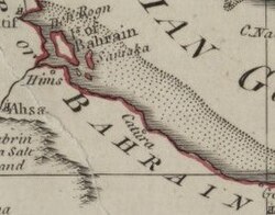 A 1794 map by Samuel Dunn depicting Catura (at centre) in the historical region of Bahrain