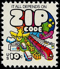 A 1974 postage stamp encouraging people to use the ZIP Code on letters and parcels