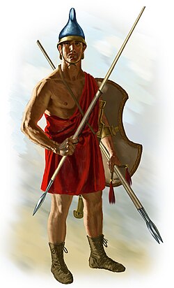 Agrianian peltast. This peltast holds three javelins, one in his throwing hand and two in his pelte hand as additional ammunition