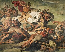 A painting depicting a confrontation of armed soldiers in battle, with one riding atop a white horse