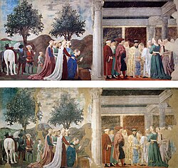 Piero della Francesca – Scene after and before restoration. (The Queen of Sheba in) Adoration of the (Holy) Wood.