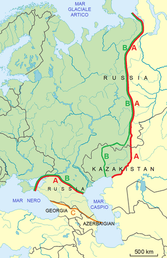 Definitions used for the boundary between Asia and Europe: A Ural Mountains - Emba river - Kuma–Manych Depression B Ural Mountains - Ural river - Kuma–Manych DepressionC Ural Mountains - Ural river - Caucasus Mountains.