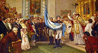Blessing of the national flag on May 25, 1812, by the priest Juan Ignacio Gorriti with the flag held by Manuel Belgrano at the Cathedral Basilica of the Holy Saviour in San Salvador de Jujuy, Argentina.