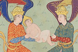 Illustration of a 1585–1590 Ottoman manuscript depicting baby Yahya being held by two angels