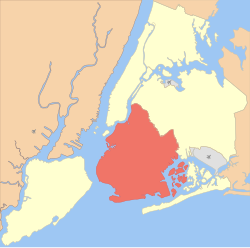 Location of Brooklyn (red) within New York City (remainder yellow)