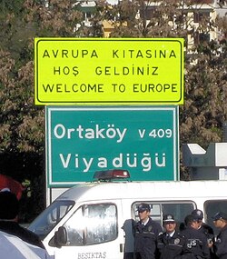 Road sign at the European end of the Bosphorus Bridge in Istanbul.