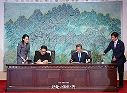 North Korean leader Kim Jong Un and South Korean President Moon Jae-in signing the Panmunjom Declaration, 27 April 2018