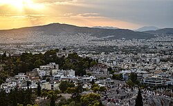 Sunset over the Hill of the Nymphs, viewed from the Propylaea, 2024