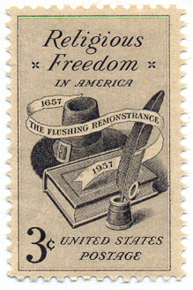 A 1957 U.S. postage stamp commemorating religious freedom and the 1657 Flushing Remonstrance which had lifted governor Peter Stuyvesant's ban on Quaker worship in New Netherland