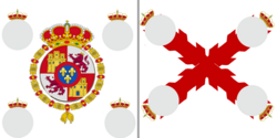 King's and Regimental Colors of the Foot Regiments of Royalist Army modeled on the Cross of Burgundy flag (the local coat of arms would replace the grey circles represented here). Motto: Por la Religión, la Patria y el Rey. Viva Fernando VII[13]