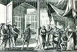 Woodes Rogers and his men searching Spanish ladies for their jewels in Guayaquil in 1709