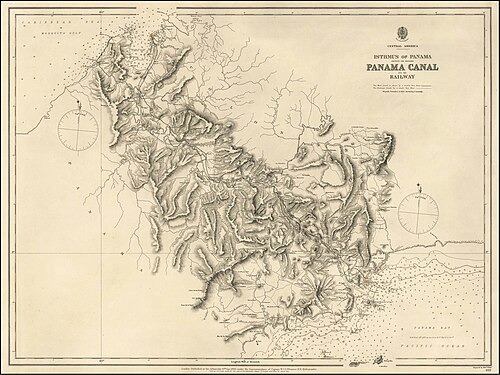 An 1885 map showing the Railway and the proposed Panama Canal route