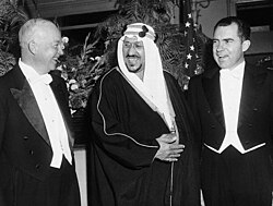 Eisenhower and Vice President Richard Nixon with King Saud of Saudi Arabia at the Mayflower Hotel in 1957