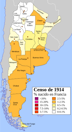 Percentage of French immigrants within Argentina's subdivisions, according to the 1914 Argentine census.