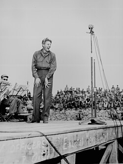 Danny Kaye on USO tour at Sasebo, Japan, October 25, 1945. Kaye and his friend, Dodgers manager Leo Durocher, made the trip.[28]
