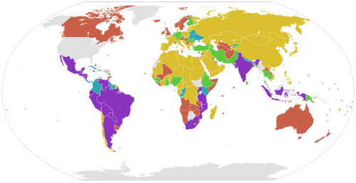 Right to food around the world, as of 2011–2012:[117][118][119] Adopted or drafting a framework law (19) Constitutional, explicit as a right (23) Constitutional, implicit in broader rights or as directive principle (41) Direct applicability via international treaties (103) No known right to food Note: The same country can fall in multiple categories; the colour given to a country corresponds to the highest listed category in which a country falls.