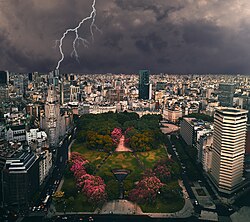 Heavy rain and thunderstorm in Plaza San Martin. Thunderstorms are usual during the summer.