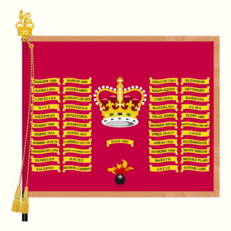 King's colour of the 1st Battalion, the Grenadier Guards. In contrast with those of the line infantry regiments, the king's colours of Foot Guards regiments are crimson, and it is their regimental colours that are based on the Union Flag. Foot Guards regiments also emblazon the same honours (from all conflicts, including both World Wars) on both colours.