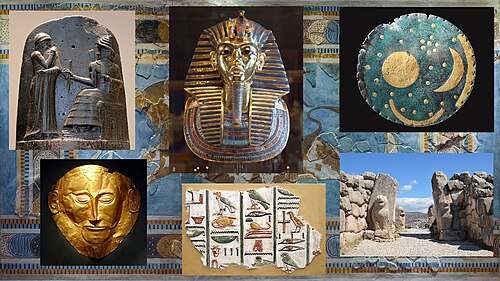 From top left clockwise: Hammurabi, Babylonian king, best known for his code of laws; The gold funerary mask of Tutankhamun has become a symbol of ancient Egyptian civilization and its enduring legacy; Nebra sky disc is considered the oldest concrete representation of astronomical phenomena, such as the Sun, Moon, and stars; The Lion Gate of Hattusa is a testament to the architectural and artistic skills of the Hittites; Hieroglyphs from the tomb of Seti I; Mask of Agamemnon (Background: Bull-Leaping Fresco ca. 1450-1400 BC).