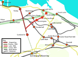 Location of Waverley and (former) lines emanating from the station