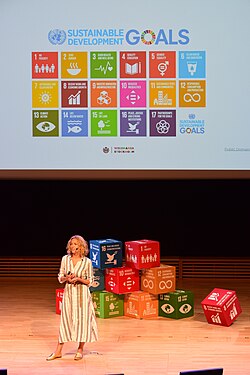 Katherine Maher, then-Executive Director of the Wikimedia Foundation, talks about "The role of free knowledge in advancing the SDGs" in Stockholm, 2019.