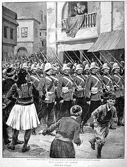 Royal Marines march through the streets of Chania, Crete, in spring 1897, as part of the British occupation during the Greco-Turkish War