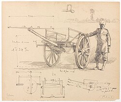 Study of a sepoy, standing beside a limber, with diagrams and dimensions of the limber, Estaires, France, 5 June 1915