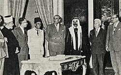 Syrian and Palestinian leaders meeting Quwatli at the presidential palace, 1955. From right to left: Sabri al-Asali, Fares al-Khoury, Sultan Pasha al-Atrash, Quwatli, Mohamed Ali Eltaher, Nazim al-Qudsi, Amin al-Husayni and Muin al-Madi