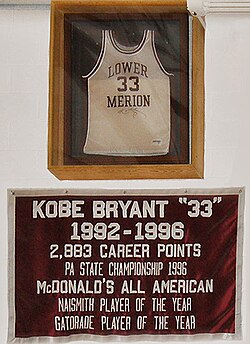 Bryant's retired No. 33 jersey and banner at the Lower Merion High School gym in Ardmore, Pennsylvania