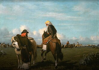 The Overseers, 1861, a careful depiction by Prilidiano Pueyrredón. "They scarcely know how to walk ... they remain on horseback, though the conversation may last several hours."[120]