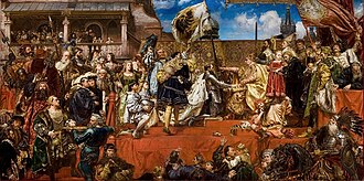Prussian Homage by Jan Matejko. After admitting the dependence of Prussia to the Polish Crown, Albert of Prussia receives Ducal Prussia as a fief from King Sigismund I the Old of Poland in 1525.