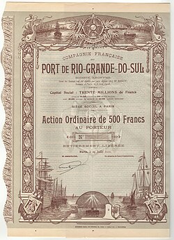 Share of the french company Port de Rio-Grande-do-Sul S. A., issued 29 July 1910