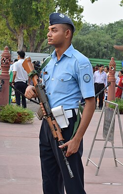 An IAF servicemember with uniform, shoulder rank patch and INSAS rifle standing guard at the India Gate memorial in New Delhi