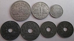 Vichy French zinc and aluminium coins made during World War II. These coins circulated in both Vichy France and the zone occupée.
