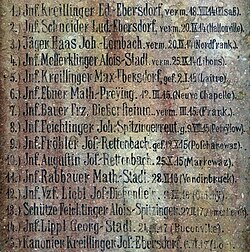 Detail of the war memorial in the village of Preying (Saldenburg, Bavaria) naming Infantryman Mathias Ebner, killed during the Battle of Neuve Chapelle, 12 March 1915