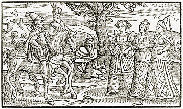 Macbeth and Banquo encounter the witches. Illustration from Holinshed's Chronicles (1577).