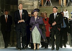 Queen Elizabeth II at the opening of the Scottish Parliament on 1 July 1999 alongside then First Minister of Scotland Donald Dewar and then Presiding Officer Lord Steel of Aikwood