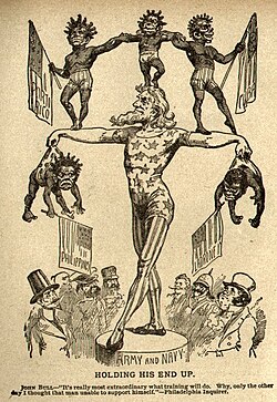 In 1899 Uncle Sam balances his new possessions, which are racistly depicted in the pickaninny stereotype; the figures are Puerto Rico, Hawaii, Cuba, Philippines and "Ladrones" (the Mariana Islands, including Guam).