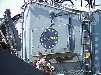 An EUNAVFOR badge displayed aboard a German frigate as part of the mission titled European Union Naval Force (EUNAVFOR) Somalia, commonly referred to as Operation Atalanta.