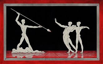 Scene design for act 3 by Arnaldo dell'Ira, using classical and classicist motives: "Nur eine Waffe taugt" (c. 1930)