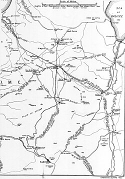 Falls Map 21 Cavalry advances 19 to 25 September 1918. Detail shows 5th Cavalry Division advance to Nazareth, 4th Cavalry Division advance to Afulah and Beisan, Australian Mounted Division advance to Lajjun, 3rd Light Horse Brigade advance to Jenin, 19th Lancers advance to Jisr el Majami and 4th Light Horse Brigade advance to Samakh. Also shown are the three main lines of retreat bombed by aircraft and the retreat of the Seventh Ottoman Army and Asia Corps across the Jordan River.