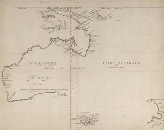 Hollandia Nova, 1659 map prepared by Joan Blaeu based on voyages by Abel Tasman and Willem Jansz, this image shows a French edition of 1663