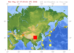 The USGS provided a map of Asia in May 2008, which showed a total of 122 earthquakes occurring on the continent. The large red square near the center of the map depicts the 7.9 magnitude Chengdu quake in the Sichuan province.