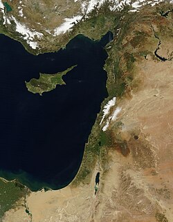 Satellite view of the Levant including Cyprus, Syria, Lebanon, Israel, Palestine, Jordan, Hatay (Turkey) and the Northern Sinai (Egypt).