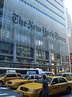 The New York Times Building in Midtown Manhattan. Some meanings of the term originated in reference to The New York Times.
