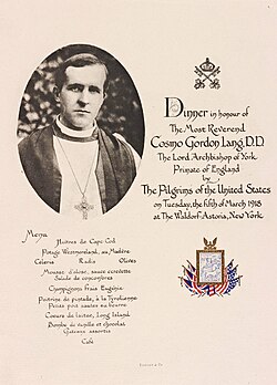 A 1918 menu for a dinner honoring Cosmo Gordon Lang, Archbishop of York