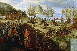 Soon after Hernán Cortés arrived in Mexico (portrayed here) and his conquest of the Aztecs, the tomato was brought to Europe in the Columbian exchange.[15]