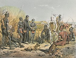 A group of Bari talking with a European missionary, c. 1860